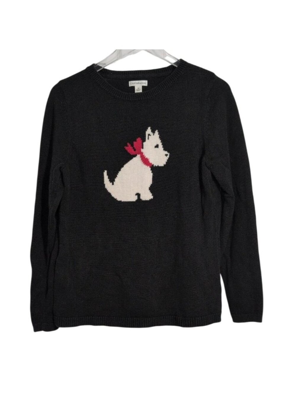 Croft & Barrow Westie Sweater Womens Size Medium Black White Dog Red Ribbon